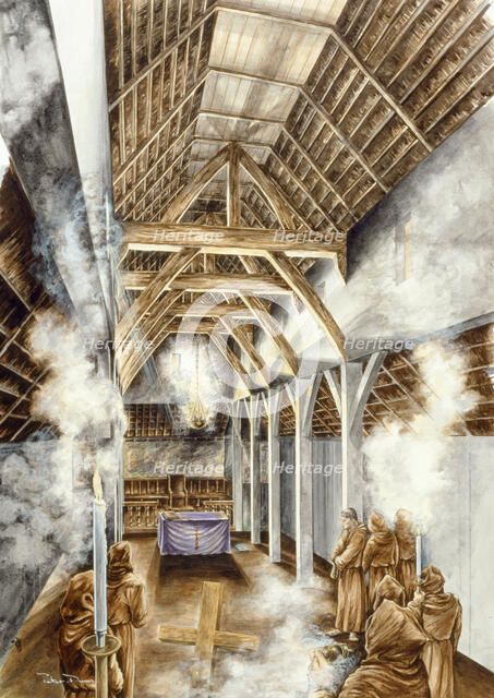 Lindisfarne Priory, c652AD, (c1990-2010). Artist: Peter Dunn.