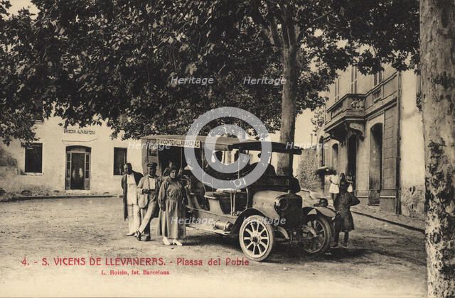 Line bus with passengers at the stop in the Square of Sant Vicens de Llavaneres, on a postcard of…