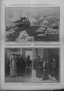 Liner in a field of ice, and people waiting for news of the Titanic disaster, April 20, 1912. Creator: Unknown