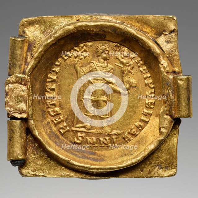 Link from a Coin Belt: Emperor with vexillum and crowning Victory, 379-395. Creator: Numismatic, Ancient Coins  .