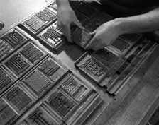 Linotype block being set in the dye at a printworks, Mexborough, South Yorkshire, 1959. Creator: Michael Walters
