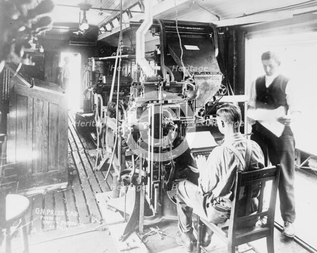 Linotype on press car, 1913. Creator: Bain News Service.