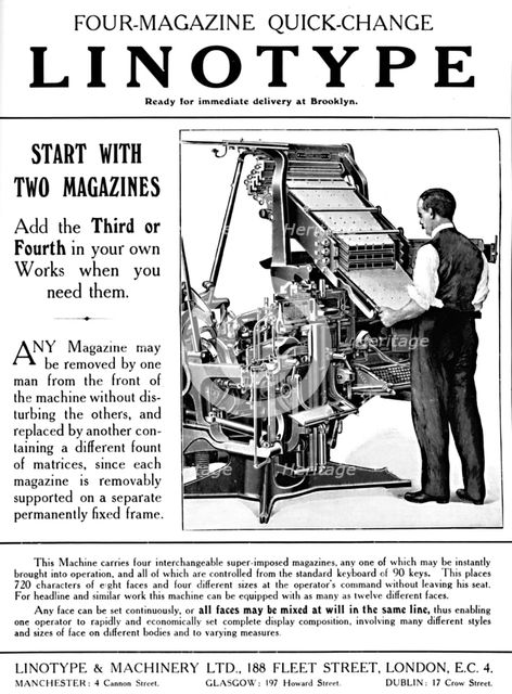 'Linotype & Machinery Ltd. advert', 1919. Artist: Unknown.