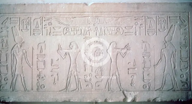 Lintel of Senusret III depicting the Pharaoh making offerings to the God Montu, 12th Dynasty. Artist: Unknown