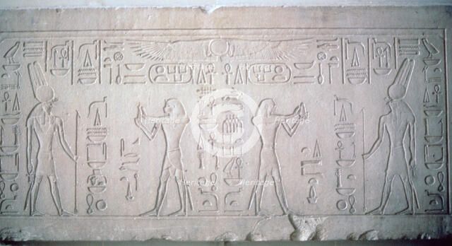 Lintel of Senusret III depicting the Pharaoh making offerings to the God Montu, 12th Dynasty. Artist: Unknown