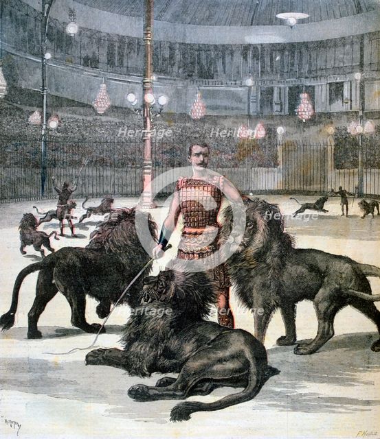 Lion taming at the L'hippodrome, Paris, 1891. Creator: Henri Meyer.