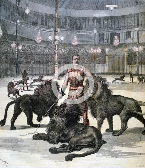 Lion taming at the L'hippodrome, Paris, 1891. Creator: Henri Meyer.