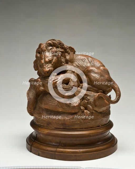 Lion Attacking A Gavial Crocodile, 1860. Creator: Isidore-Jules Bonheur.