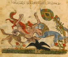 Lion beats a camel, Kalila Wo-Dimna, Arabic-Spanish fairy tale book, 13th century. Creator: Unknown