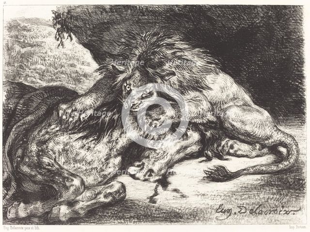Lion Devorant un Cheval (Lion Devouring a Horse), 1844. Creator: Eugene Delacroix.
