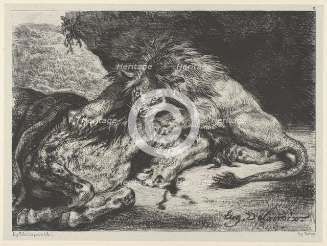Lion Devouring a Horse, 1844., 1844. Creator: Eugene Delacroix.