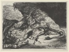 Lion Devouring a Horse, 1844., 1844. Creator: Eugene Delacroix