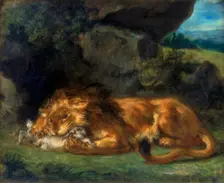 Lion Devouring a Rabbit 19th century. Artist: Eugène Delacroix