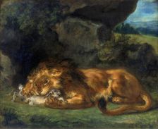 Lion Devouring a Rabbit 19th century. Artist: Eugène Delacroix