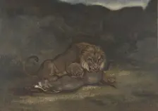 Lion Devouring Prey, 1810-75. Creator: Antoine-Louis Barye