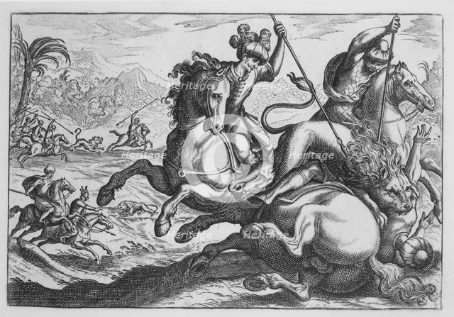 Lion Hunt, from 'Hunting Scenes IV', late 16th century., late 16th century. Creator: Antonio Tempesta.
