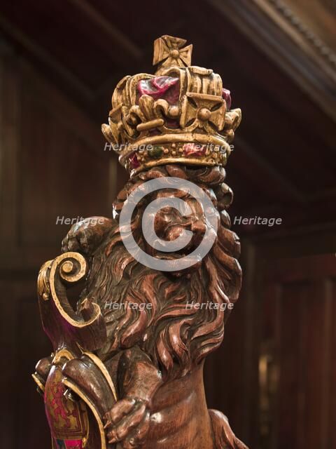 Lion newel post in the stair hall, Vintners' Hall, Upper Thames Street, City of London, 2011. Artist: Derek Kendall.