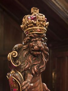 Lion newel post in the stair hall, Vintners Hall, Upper Thames Street, City of London, 2011. Artist: Derek Kendall