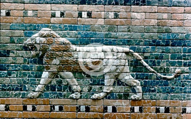 Lion passant from wall of the sacred way to the Ishtar Gate, Babylon (Iraq), c575 BC. Artist: Unknown