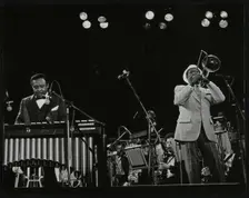Lionel Hampton (vibraphone) and Al Grey (trombone) on stage at Knebworth, Hertfordshire, July 1982. Creator: Denis Williams