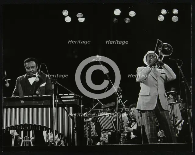 Lionel Hampton (vibraphone) and Al Grey (trombone) on stage at Knebworth, Hertfordshire, July 1982. Creator: Denis Williams.
