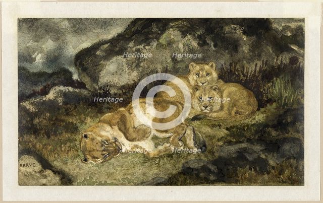 Lioness and Cubs, c. 1832. Creator: Antoine-Louis Barye.
