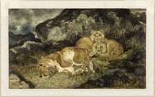 Lioness and Cubs, c. 1832. Creator: Antoine-Louis Barye