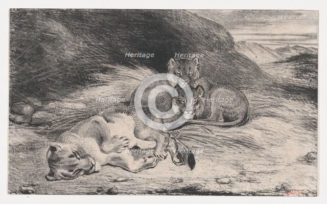 Lioness and Cubs, possibly 1832. Creator: Antoine-Louis Barye.
