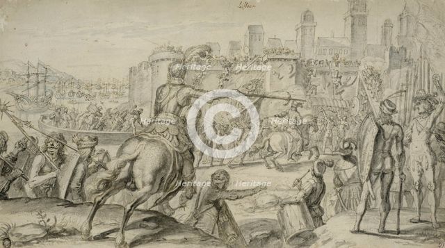 Lisbon Captured by French Troops under Robert of Normandy. Creator: Crispijn van de Passe.