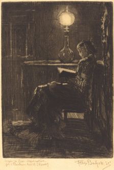 Liseuse à la Lampe (Woman Reading by Lamplight), 1879. Creator: Felix Hilaire Buhot