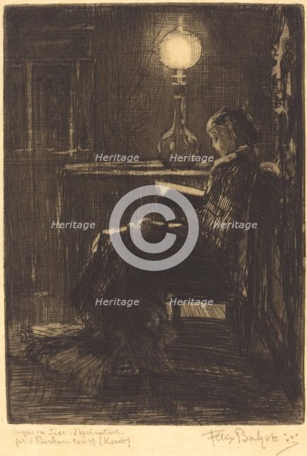 Liseuse à la Lampe (Woman Reading by Lamplight), 1879. Creator: Felix Hilaire Buhot.