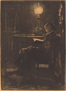 Liseuse à la Lampe (Woman Reading by Lamplight), 1879. Creator: Felix Hilaire Buhot