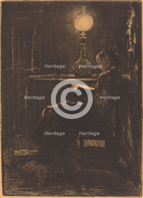 Liseuse à la Lampe (Woman Reading by Lamplight), 1879. Creator: Felix Hilaire Buhot.