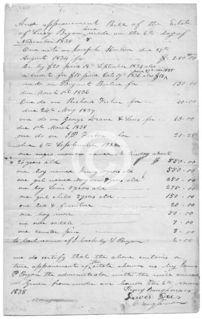 List of estate items, including slaves. Top reads 'And appraisement Bill of the estate..., 1838. Creator: Unknown.