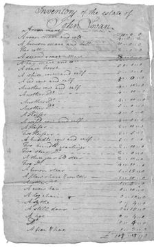List of estate items with slaves at bottom of second page. Top reads "Inventory of..., 1800-1865. Creator: Unknown