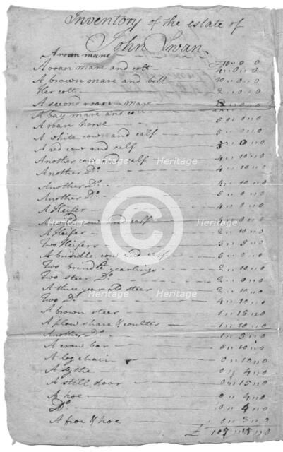 List of estate items with slaves at bottom of second page. Top reads "Inventory of..., 1800-1865. Creator: Unknown.