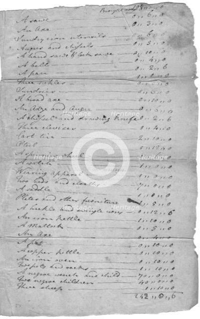 List of estate items with slaves at bottom of second page. Top reads "Inventory of..., 1800-1865. Creator: Unknown.