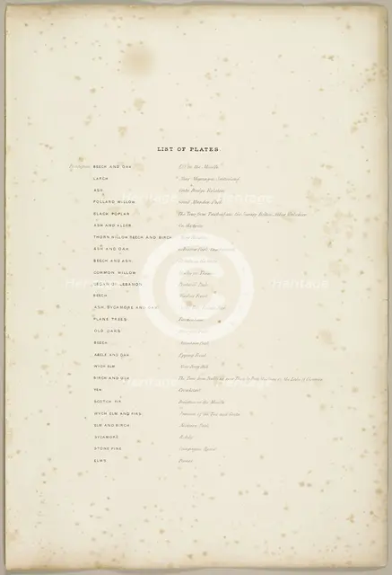 List of Plates, from The Park and the Forest, 1841. Creator: James Duffield Harding.