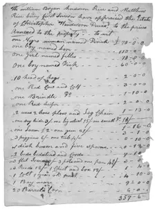 List of slaves, animals, etc and values for each, 1807. Creator: Unknown