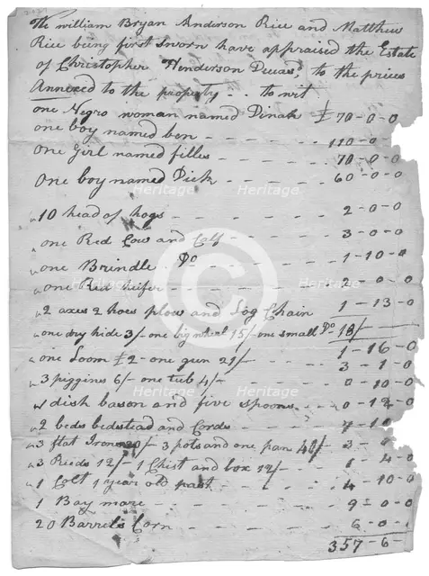 List of slaves, animals, etc and values for each, 1807. Creator: Unknown.