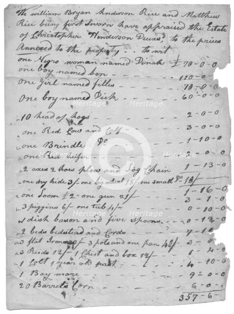 List of slaves, animals, etc and values for each, 1807. Creator: Unknown.