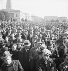 Listening to speeches at mass meeting of WPA workers protesting..., San Francisco, California, 1939. Creator: Dorothea Lange