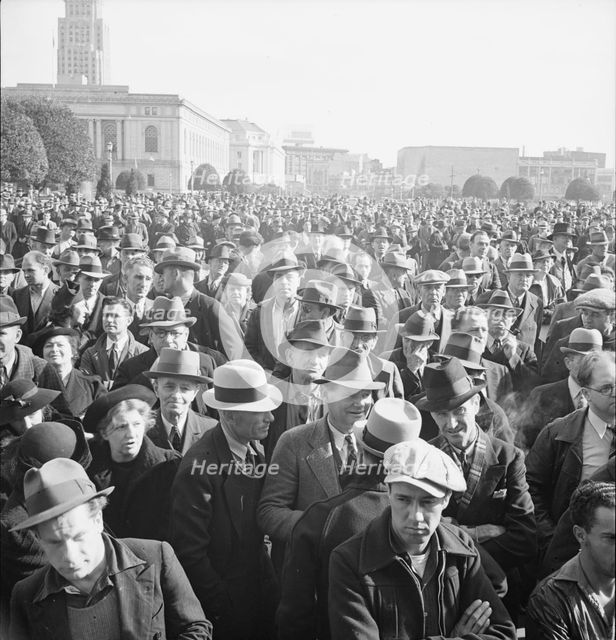 Listening to speeches at mass meeting of WPA workers protesting..., San Francisco, California, 1939. Creator: Dorothea Lange.