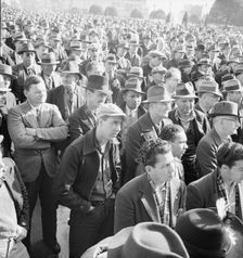 Listening to speeches at mass meeting of WPA workers protesting..., San Francisco, California, 1939. Creator: Dorothea Lange