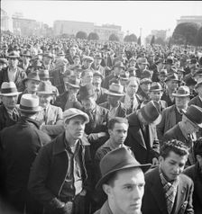 Listening to speeches at mass meeting of WPA workers protesting..., San Francisco, California, 1939. Creator: Dorothea Lange
