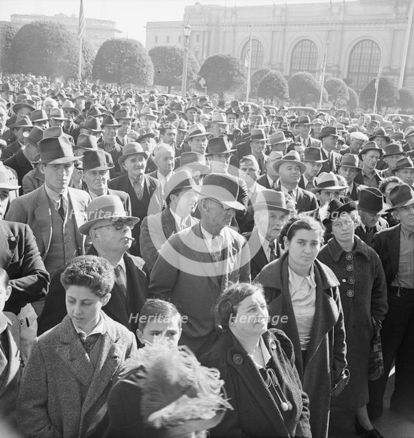 Listening to speeches at mass meeting of WPA workers..., San Francisco, California, 1939. Creator: Dorothea Lange.