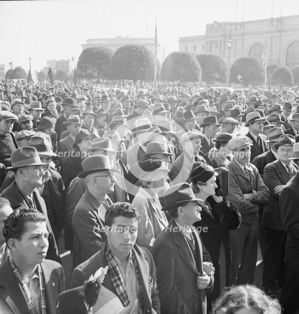 Listening to speeches at mass meeting of WPA workers..., San Francisco, California, 1939. Creator: Dorothea Lange.