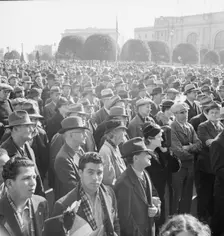 Listening to speeches at mass meeting of WPA workers..., San Francisco, California, 1939. Creator: Dorothea Lange