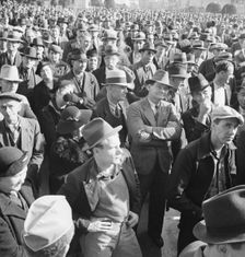 Listening to speeches at mass meeting of WPA workers..., San Francisco, California, 1939. Creator: Dorothea Lange