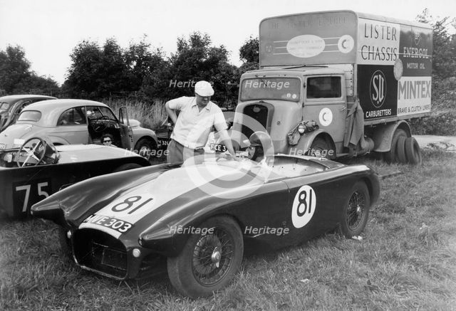Lister Bristol with Archie Scott Brown and Brian Lister in paddock 1954. Creator: Unknown.